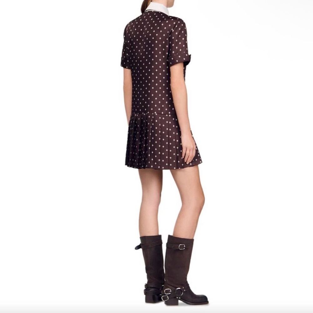 Sandro Brown with white details pleated bottom Mini Dress and a neck tie - Picture 3 of 6